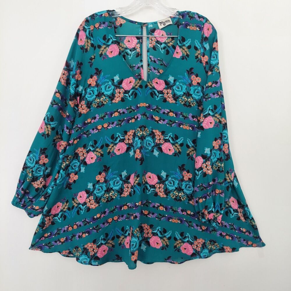 Show Me Your Mumu Donna Michelle Tunic Top Dress Medium Teal Pink Floral Trapeze